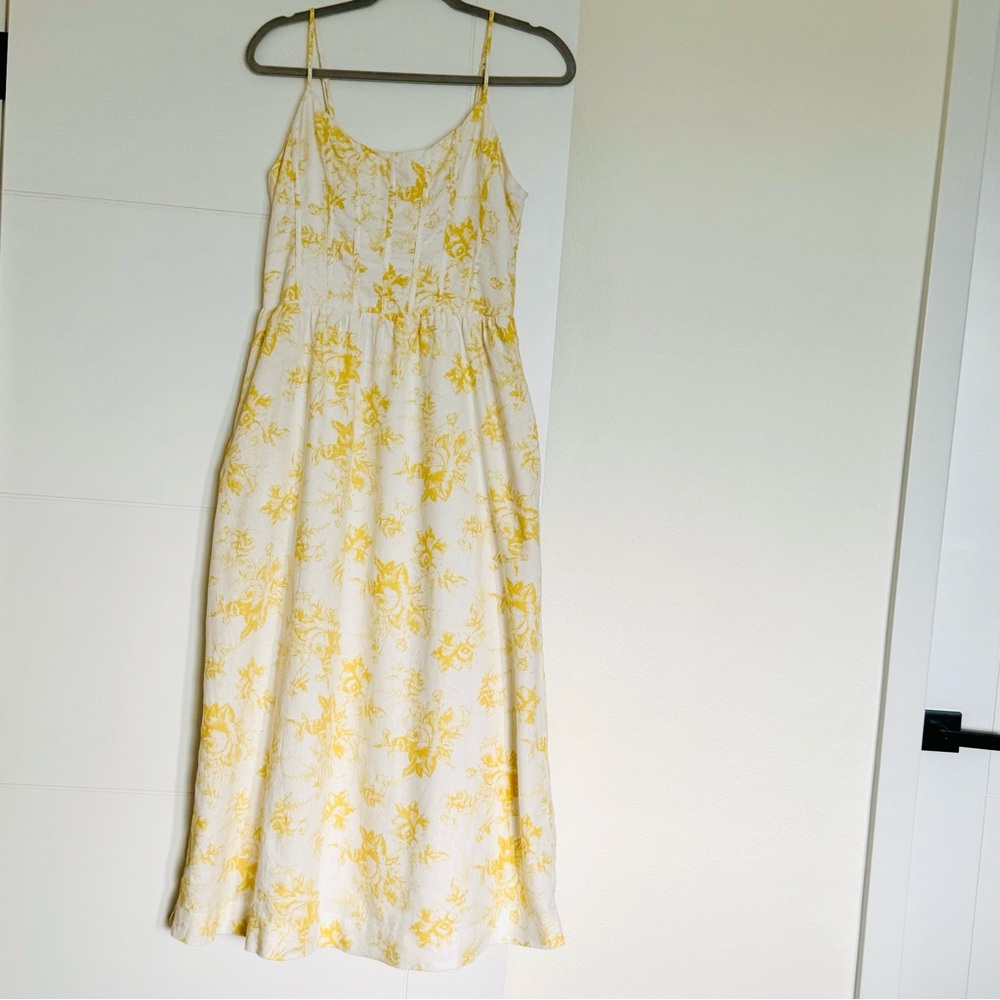 WAYF Desi Floral Print Sleeveless Stretch Cotton Dress in Yellow Roses Sz Large